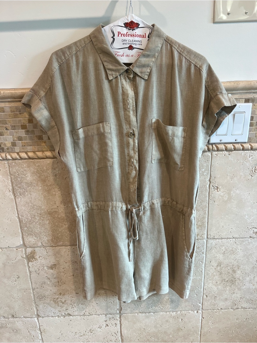 Velvet by Graham & Spencer Olive Green Button-Front Drawstring Romper